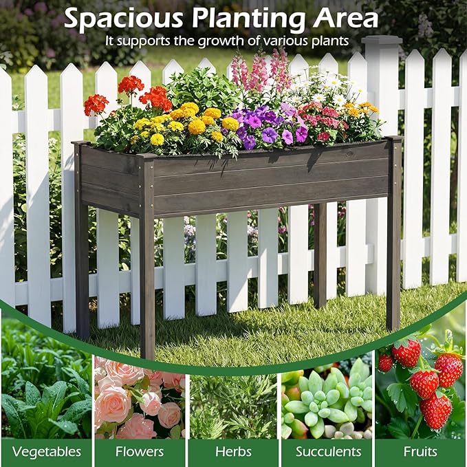 Giantex Wooden Raised Garden Bed Solid Pine Wood Planter Box w/Legs Drainage Holes Black Liner Outdoor Indoor Elevated Planter Box Stand for Patio Garden Lawn Greenhouse 47 x 23 x 30