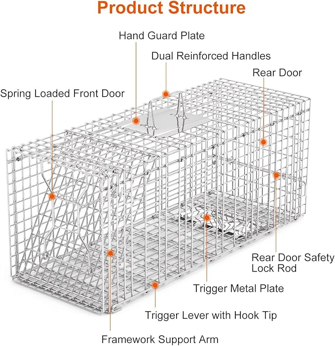 KOCASO Live Animal Trap Cage Large Foldable Galvanized Steel Humane Animal Cage Trap Heavy Duty Metal Cat Trap Cage for Stray Cat Raccoon Groundhog Squirrel Chipmunk Mole Gopher Skunk 31x11x12