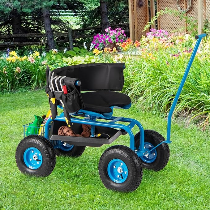 Goplus Rolling Garden Seat with Wheels Outdoor Garden Cart with 360° Swivel Seat &amp Tool Storage 2 Steering Handles Gardening Stool Wagon Scooter Lawn Patio Gardening Workseat for Seniors
