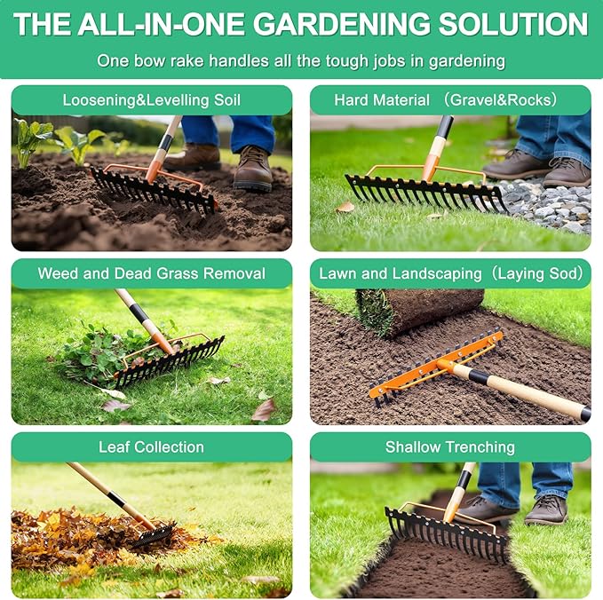 17 Tines Wide Head Bow Rake for Soil Leveling Garden Rake Heavy Duty with 55” Adjustable Wooden Handle Heavy Duty Metal Rake for Lawns Gardening Loosening Soil Gathering Leaves Landscaping