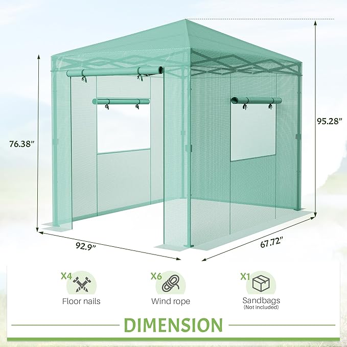 Greesum 8x6 FT Portable Pop-up Greenhouse with Center Lock PE Cover Zippered Door and 2 Roll-up Windows Easy Assemble(Green)