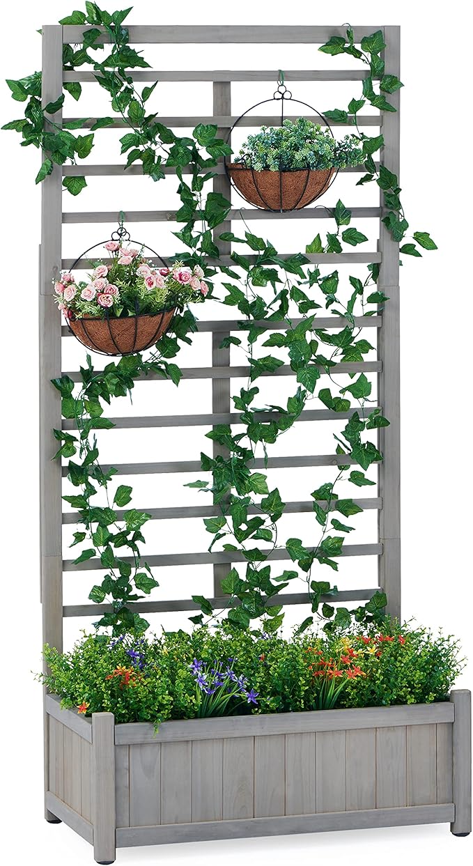 Raised Garden Bed with Trellis Outdoor Wooden Planter Box for Climbing Plants Vegetables Herb Growing