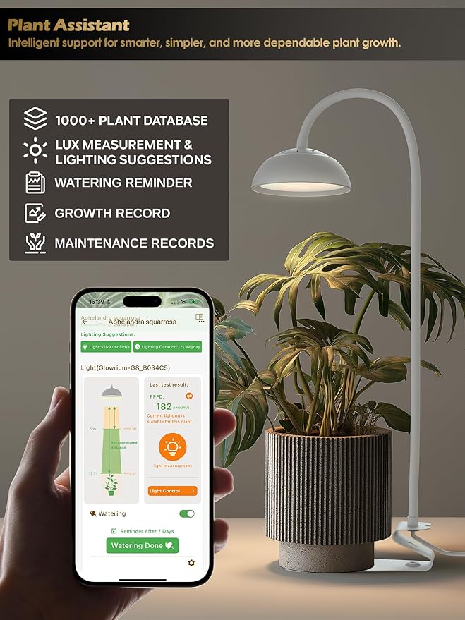 GLOWRIUM Smart Grow Lights for Indoor Plants10W Full Spectrum LED Plant Light with 3/9/12 Timer10 Dimmable LevelsHeight Adjustable Grow Light with Base (White)