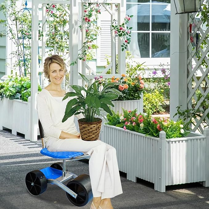 Garden Seat with Wheels 360° Swivel＆Adjustable Height Garden Stool with Wheels Heavy Duty Rolling Seat with Foldable Backrest and Storage Basket for Patio Yard Outdoor|Workseats