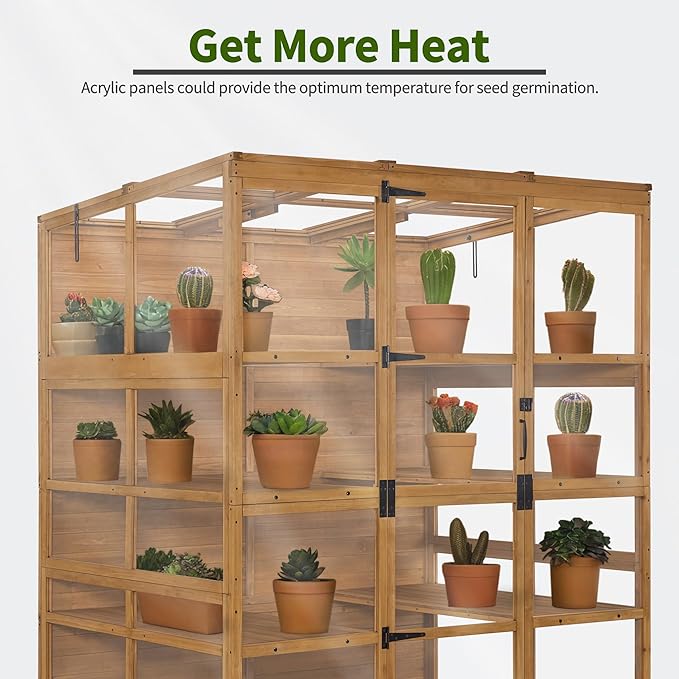 Macrout Wooden Walk-in Greenhouse with Acrylic Panels Large Greenhouse Outdoor with Openable Roof Vents with Lockable Door G976