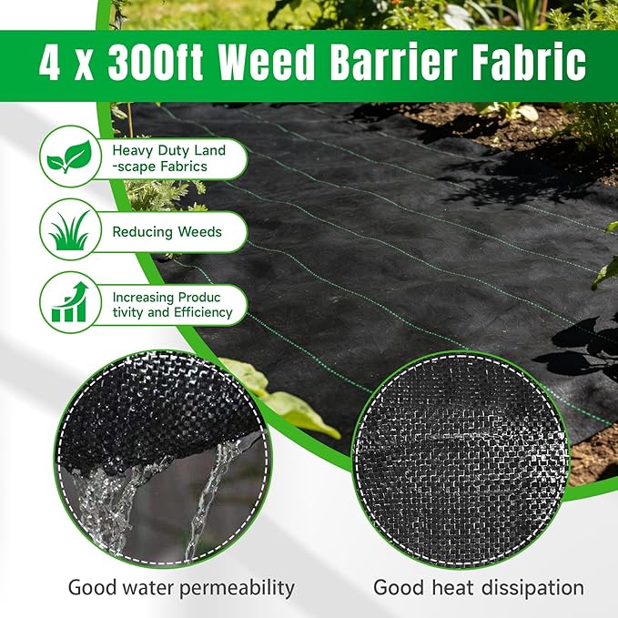 Weed Barrier Fabric Planting Cover - 4 x 300 FT Heavy Duty Landscape Fabric Ground Cover Block for Outdoor Planting
