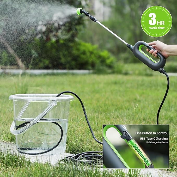 Battery Powered Sprayer Wand Garden Electric Sprayer 24.5 Telescopic Wand with 20 FT Hose 7.2V Voltage 3 Adjustable Nozzles Portable USB-C Rechargeable Water Spray for Lawn and Outdoor