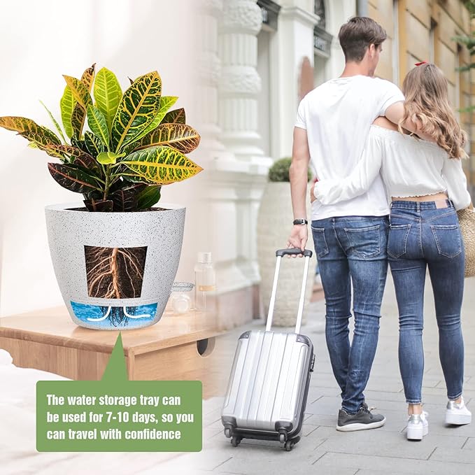 Large Self Watering Pots 12/10/9 Plastic Planters with High Drainage Holes and Deep Reservoir for Indoor Outdoor Garden Plants and Flowers White Speckles