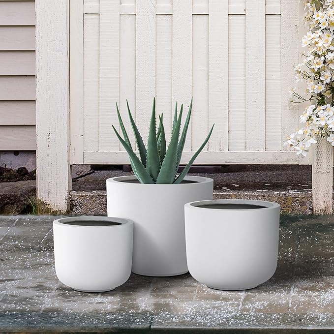 Kante 13119 Dia Pure White Concrete Round Planters (Set of 3) Outdoor Indoor Modern Planter Pots Lightweight Weather Resistant Seamless with Drainage Hole