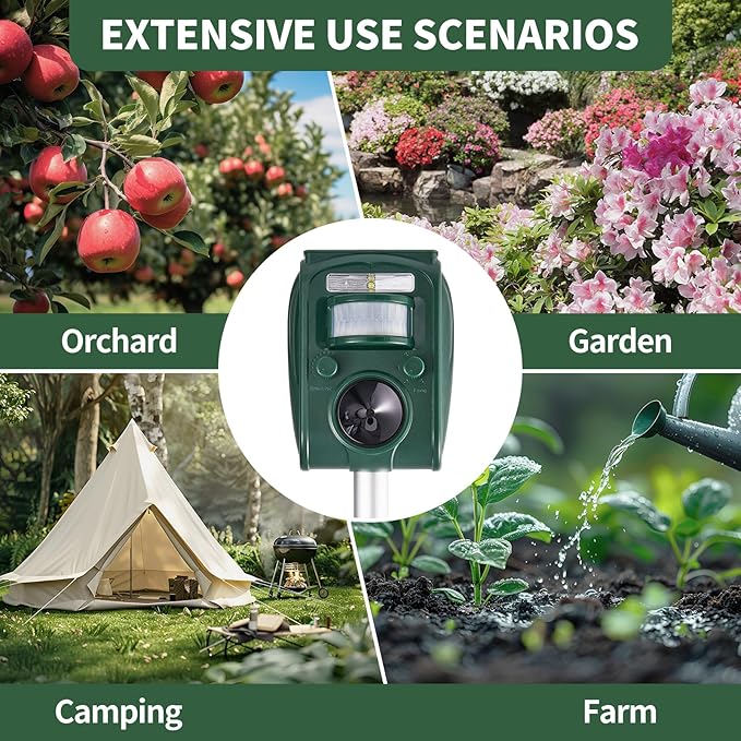 Upgraded Solar Ultrasonic Squirrel Deer Repellent Devices Motion Detection 5 Adjustable Modes Cat Raccoon Rabbit Dog Deterrent Animal Repellent with Waterproof for Yard 2P Dark Green