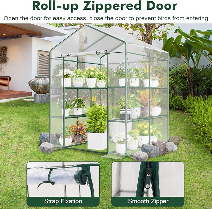 Happygrill Greenhouse Portable Greenhouses for Outdoors w/8 Shelves Roll-Up Zippered Door 2 Observation Windows &amp 2 Tiers Weather-Proof PE Cover Wind Rope (Transparent 55” x 57” x 77”)