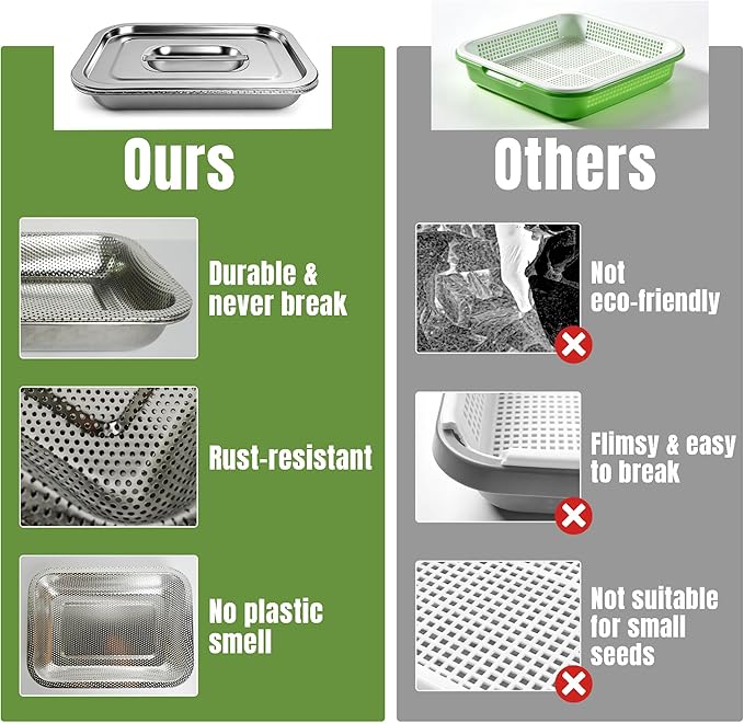 2 Pack Stainless Steel Seed Sprouter Trays 2-Tier Soil-Free Microgreens Growing Kit Sprouting Tray with Cover Lids &amp Mesh Pads for Sprouts Beans Alfalfa Wheatgrass