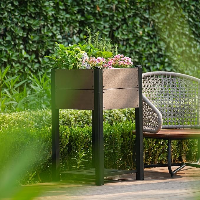 19 l x 33 h HDPE Raised Garden Bed on Legs with Storage Shelf All-Weather Elevated Planter Box Standing Herb &amp Vegetable Grow Bed with Black Aluminum Posts for Patio Balcony and Outdoor Use