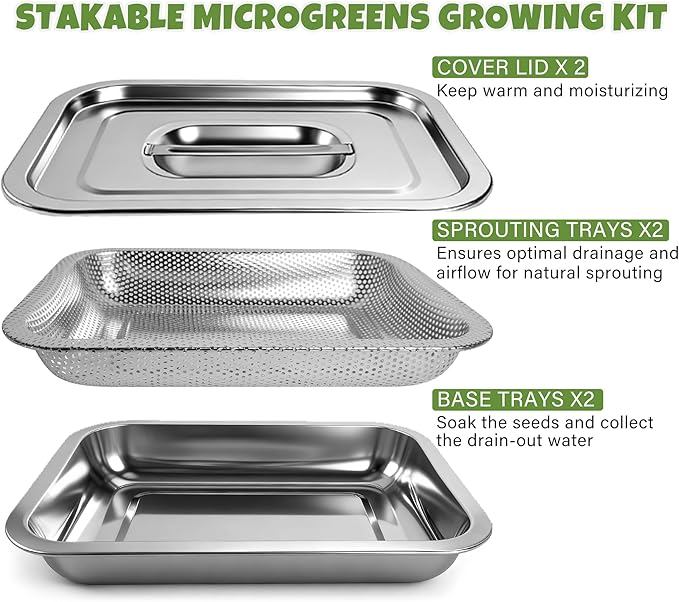 2 Pack Stainless Steel Seed Sprouter Trays 2-Tier Soil-Free Microgreens Growing Kit Sprouting Tray with Cover Lids &amp Mesh Pads for Sprouts Beans Alfalfa Wheatgrass