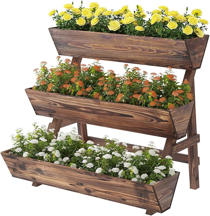 3-Tiers Wooden Raised Garden BedPlanter Box Gardening Outdoor Planter Box Patio Kit Tiered Planter Box Vertical Garden Planter Wood Plant Stand for Patio Balcony Freestanding (Carbonized L)
