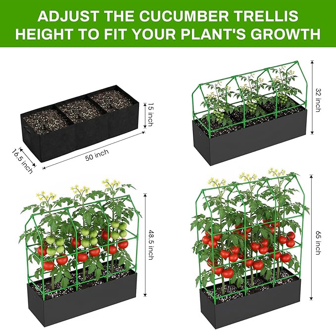 Large Cucumber Trellis with Grow Bag 65 Tall Metal Garden Trellis for Climbing Plants Outdoor Reusable Cucumber Trellis for Raised Bed with Netting for Tomatoes Peas Grapes Plant Support