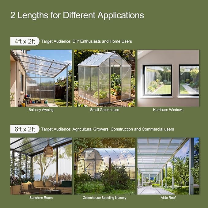 UMIG 8 PCS 6' x 2' x 0.24'' Polycarbonate Greenhouse Panels Twin-Wall Waterproof UV Protected Corrugated Plastic Roof Panels Sheets Clear Replacement Panels for Greenhouse Outdoor Plant