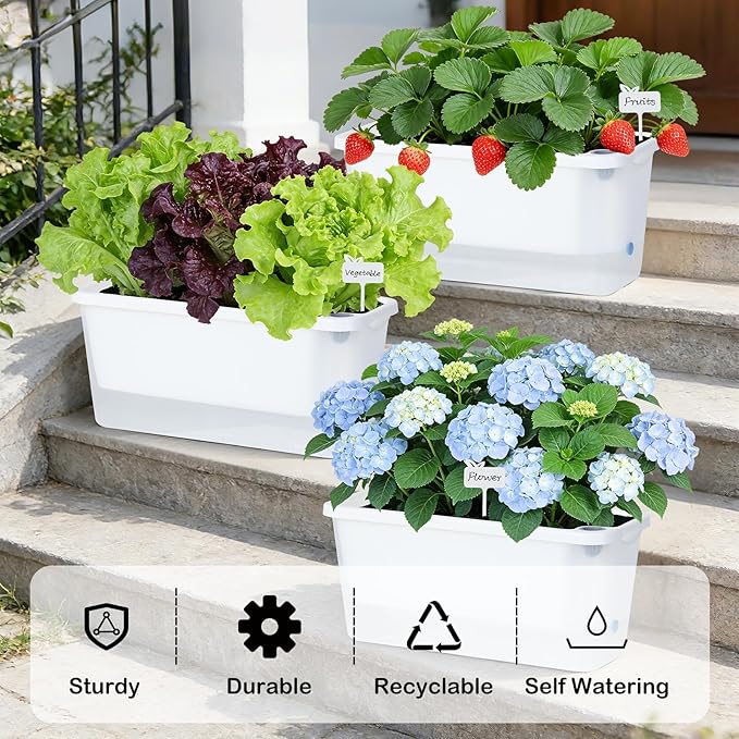 Window Box Planter 4 Packs 14 Inches Rectangle Flower Pots with Breathable Drainage Holes Pots for Vegetables Herbs Flowers Garden Windowsill Balcony (Translucent White)