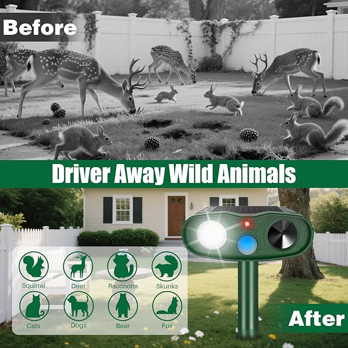 4Pack Ultrasonic Cat Repellent Outdoor Bear Repellent DevicesSolar Animal Repeller Motion Detection Rabbit Raccoon Squirrel Dog Squirrel Repellent Deterrent with LED Flash Lights for Yard