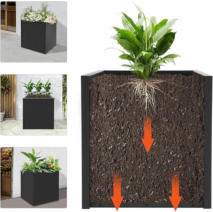 Metal Tall Square Planter 17“ L x 17” W x 18 H Square Steel Raised Garden Bed Tall Resin Garden Pot Outdoor Planters Box Large Planter Box for Outdoor Patio/Porch/Yard