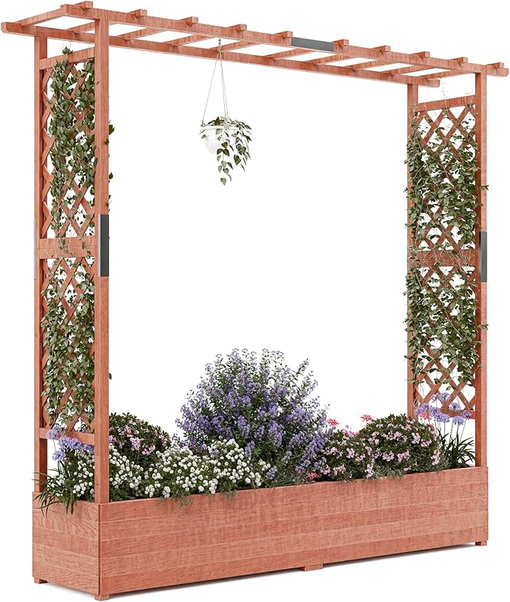 Large Raised Wooden Planter with Arch &amp Side Trellis – Freestanding Garden Bed for Climbing Plants Vines &amp Flowers – Hanging Roof 4 Drainage Holes – Outdoor Patio Planter – Size: