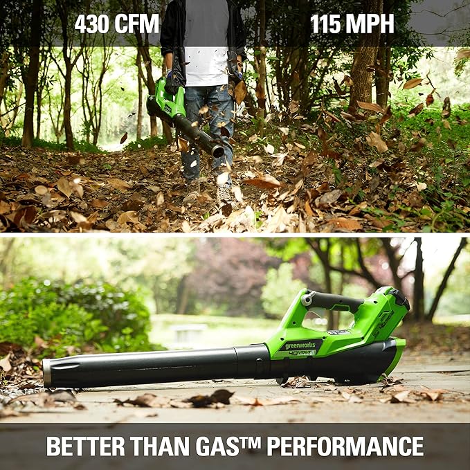Greenworks 40V (115 MPH / 430 CFM) Brushless Axial Leaf Blower 2.0Ah Battery and Charger Included