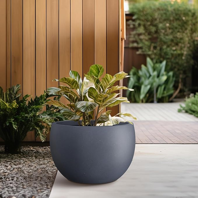 Kante 15.7 Dia Round Concrete Planter Outdoor/Indoor Large Bowl Plant Pots with Drainage Hole and Rubber Plug for Garden Patio Balcony Home Charcoal