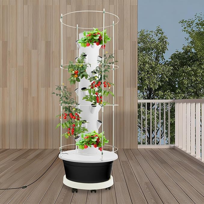 28-Plant Hydroponic Growing Tower 7-Tier Indoor Vertical Garden System with Climbing Trellis Hydroponic Tower Kit with Automatic Water Circulation Pump and Timer for Home Balcony White and Black
