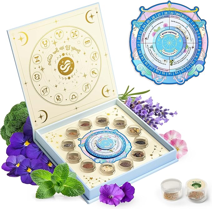 Lush&ampDew Zodiac Garden Seed Bank Gardening Gifts for Women Men 12 Varieties Non-GMO Vegetables Herb Seeds in Seed Organizer Magnetic Gift Box Witchcraft Supplies Air Signs Taurus Virgo Capric