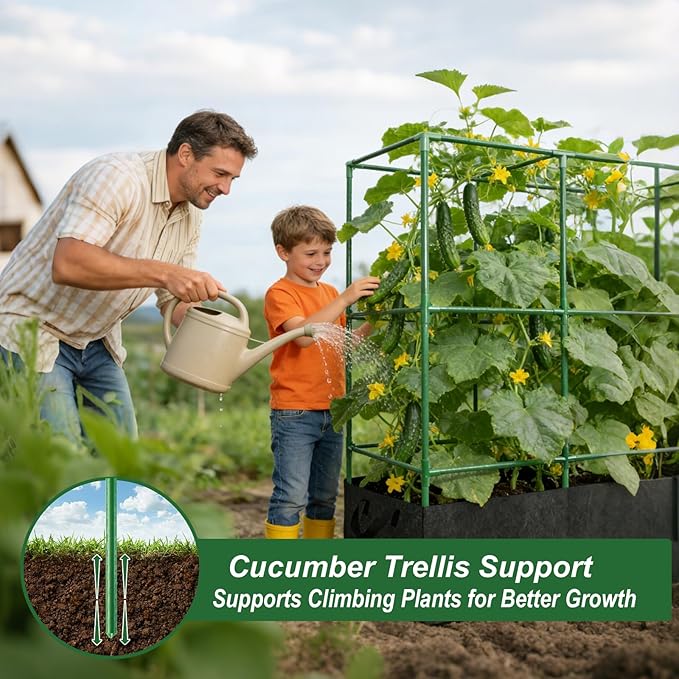 Cucumber Trellis with 46 Gallon Grows Bag 51x17x65Inch Squar Outdoor Indoor Greenhouse Tomato Cage Garden Trellis with Plant Support Clips for Climbing Plants Squash Vegetables Pumpkin Pea Grape