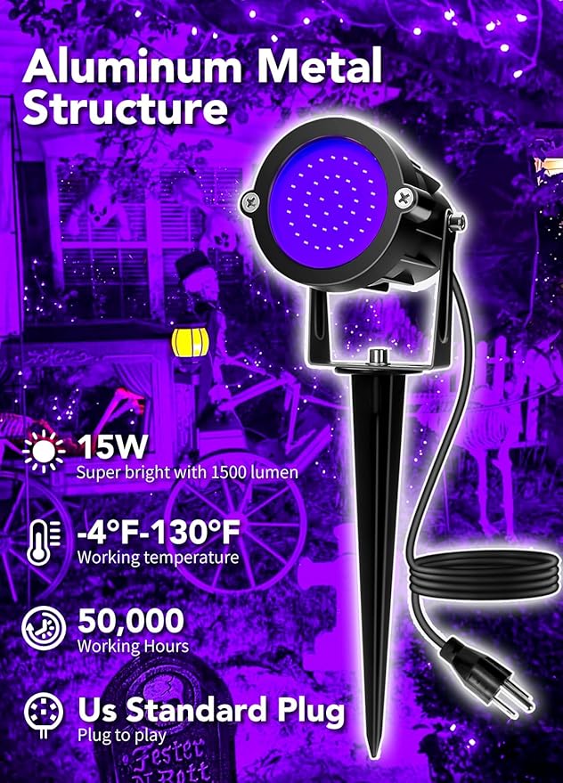 Elenora Halloween Spotlights Outdoor 15W LED Black Light/Blacklight for Glow Party Body Paint Fluorescent Poster 110V Plug-in Spot Light IP65 Waterproof Landscape Lighting for Yard Garden 2 Pack