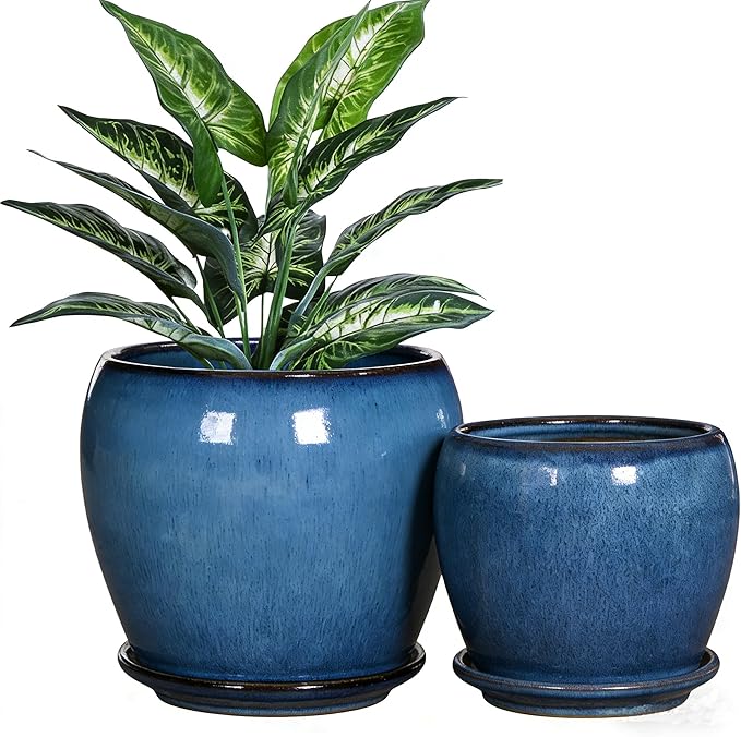 Blue Ceramic Planter Pots with Drainage Holes 5 Inch + 4 Inch Set of 2 Flower Plants Pot with Saucers Tray Planter Garden Pot for Succulent Cactus Home Decoration Gift Indoor Outdoor