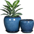 Blue Ceramic Planter Pots with Drainage Holes 5 Inch + 4 Inch Set of 2 Flower Plants Pot with Saucers Tray Planter Garden Pot for Succulent Cactus Home Decoration Gift Indoor Outdoor