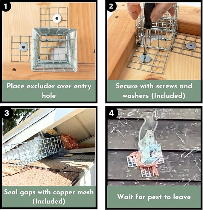 Excluder One Way Squirrel and Rodent Trap - Control Mice Rats Bats Squirrels and More - Fine Copper Mesh Wool Included To Seal Hole- Better than Steel Wool - Good for Attic Door (3 x 3 Opening)