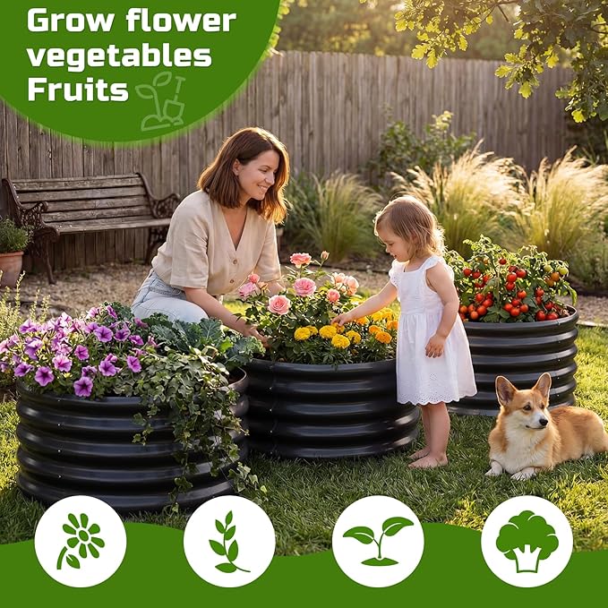 AHEONLAR 3PCS 2x2x2FT Galvanized Raised Garden Bed Kit Round Metal Flower Box Large Planter Raised Beds Outdoor Garden for PlantingFruitHerb Black