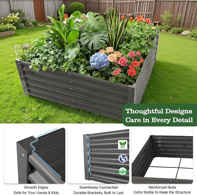 A ANLEOLIFE 4X4X1.5 ft Galvanized Raised Garden Beds Outdoor Square Metal Planter Box for Planting Vegetables Flowers Herb Anti-Rust &amp Easy-Setup Quartz Grey