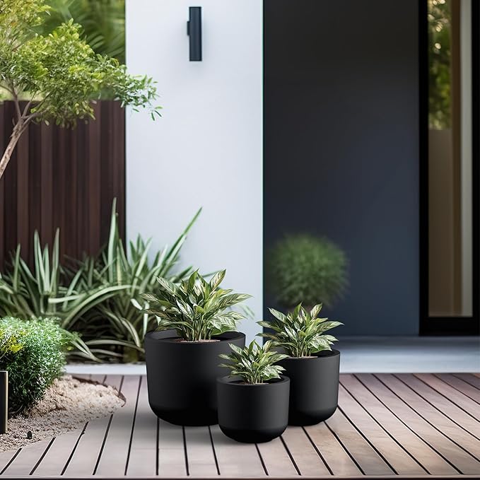 Kante 13119 Dia Black Round Planters (Set of 3) Outdoor Indoor Modern Planter Pots Lightweight Weather Resistant Seamless with Drainage Hole