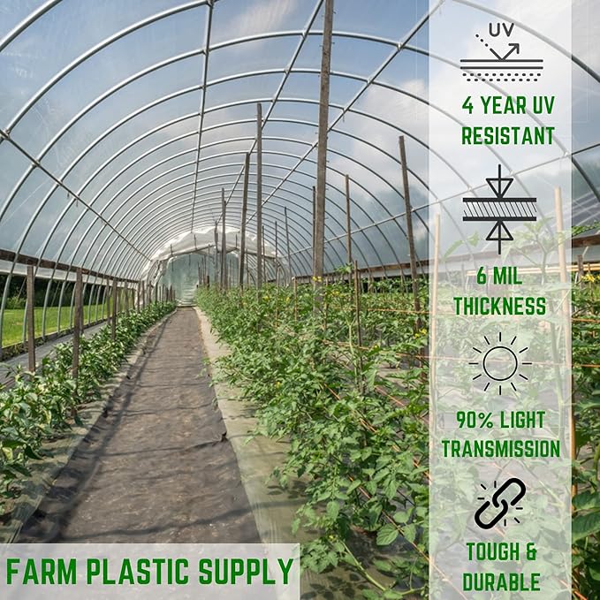 Farm Plastic Supply - Clear Greenhouse Plastic Sheeting - 6 mil - (10' x 60') - 4 Year UV Resistant Polyethylene Greenhouse Film Hoop House Green House Cover for Gardening Farming Agriculture