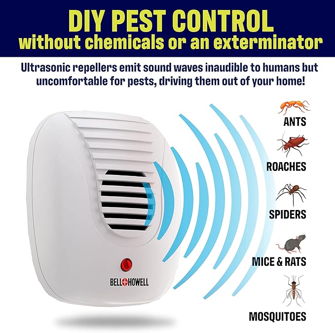 The Bell and Howell Ultrasonic Pest Repeller plug in device Complete Kit 6 Pack Effectively Aids to repel mice bugs Rats Rodents Mosquitos roaches Spiders and Ants Chemical odor and sound free