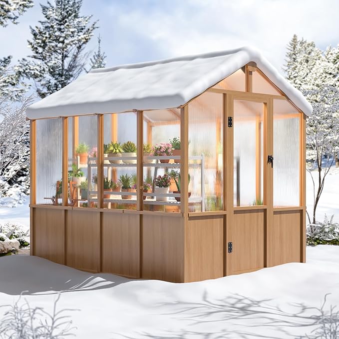 6x8 FT Greenhouse 6MM Thick Polycarbonate Panel Wooden Walk-in Green House with Adjustable Roof Vents and Lockable DoorGarden Backyard Patio Lawn Brown