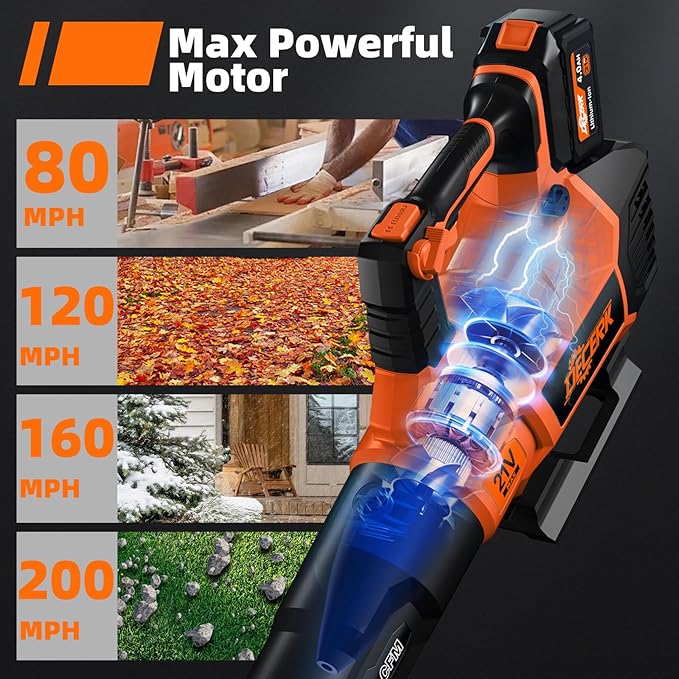 Decerk 21V Leaf Blower Cordless Electric Snow Blowers with 2X 4.0Ah Battery Lightweight Blower with Turbo Button Variable Speed Dial and Cruise Control for Sidewalks Garages Yards &amp Patios