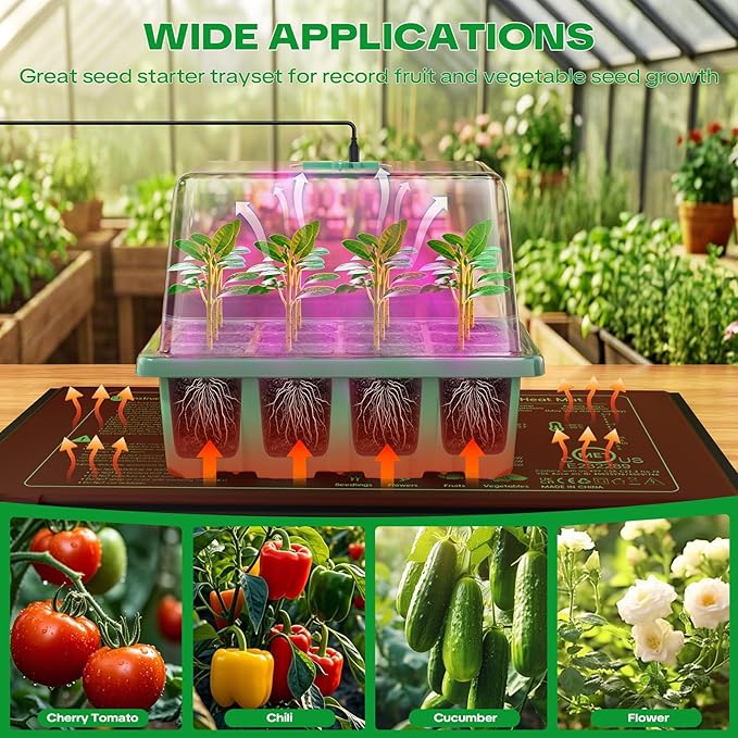 YAUNGEL Seed Starter Tray with Grow Light Heat Mat with Thermostat 5 Pack Seed Starter Kit with Timing Controller Adjustable Brightness Thicken Seedling Starter Trays with Humidity Domes