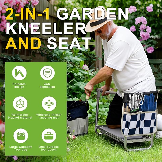 Garden Kneeler and Seat Wider Thicker Kneeling Pad Heavy Duty Garden Stool Includes Gardening Tools Pouch and Bag Convertible Garden Bench Kneeling Chair/Gifts for Parents Women Seniors
