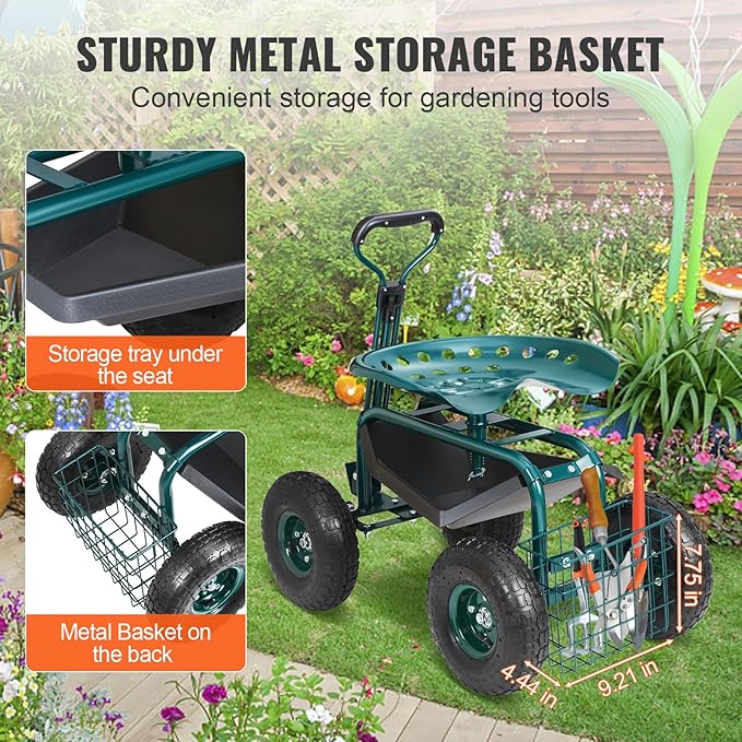 VEVOR Garden Cart Rolling Workseat with Wheels Gardening Stool for Planting 360 Degree Swivel Seat Wagon Scooter with Steering Handle &amp Utility Tool Tray Use for Patio Yard and Outdoors Gre