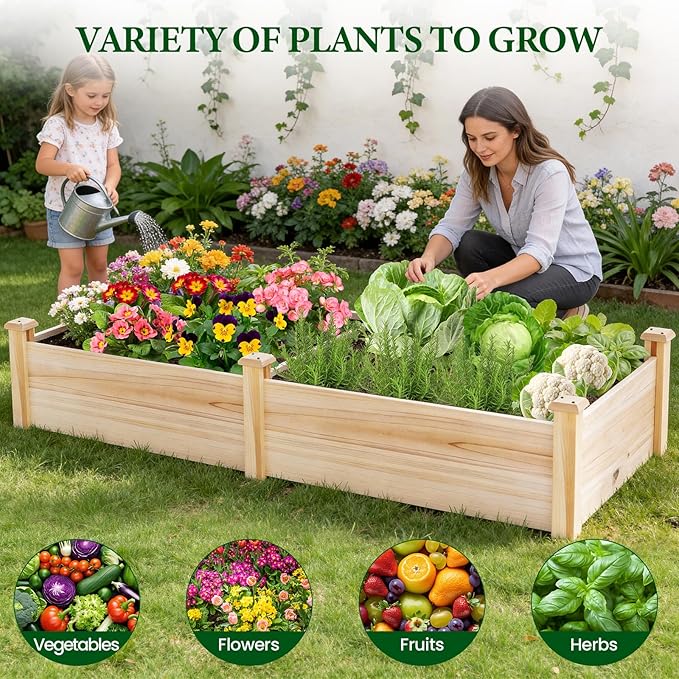 MIXC 8×2ft Wooden Horticulture Raised Garden Bed Divisible Elevated Planting Planter Box for Flowers/Vegetables/Herbs in Backyard/Patio Outdoor Natural Wood