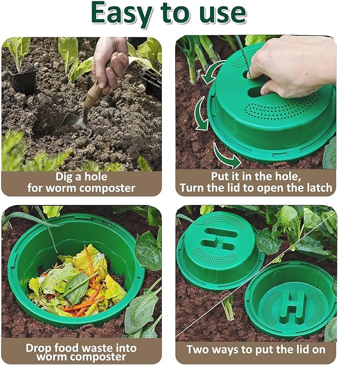 2-Pack InGround Compost Bin for Garden Beds 8L Worm Composter Farm for Faster Composting Worm Composter Kit with Aeration Animal-Proof Lid for Beginners (9.5x9.5x10.8Inch) (2 Green)