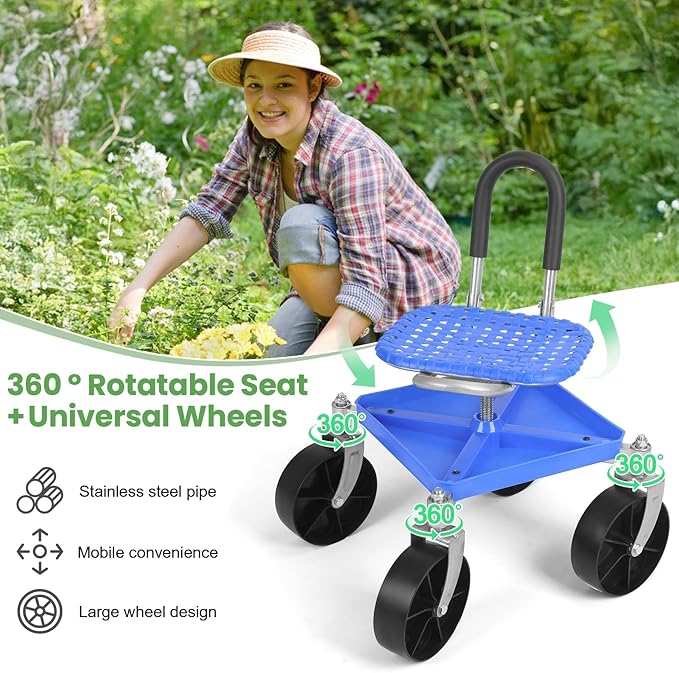 Rolling Garden Work Seat with Wheels Gardening Stool for Planting 360°Swivel Caster Tool Tray Backrest Height Adjustable Rolling Work Seat for Outdoor Patio and Yard Blue