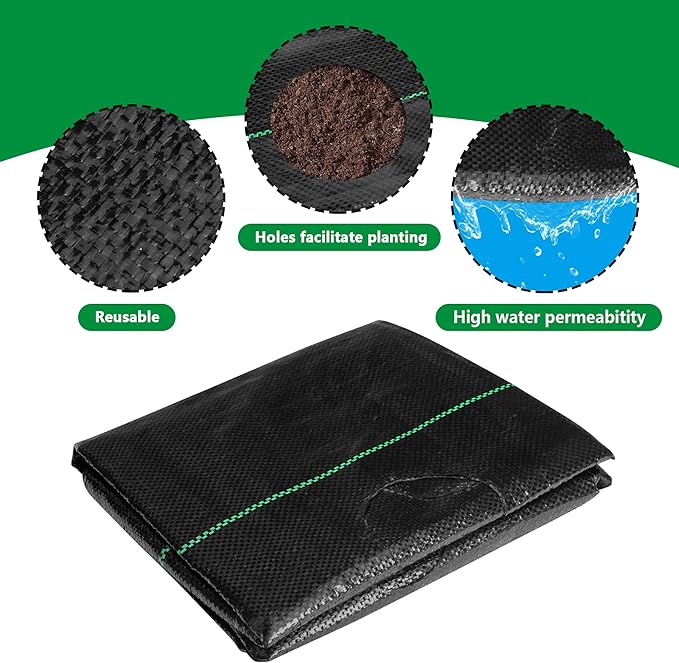 CODREE 2 Pcs Heavy-Duty Garden Weed Control Barrier - 33 x 3.3 Ft Landscape Fabric with Planting Holes - Weed Block Gardening Mat with 16 Ground Nails