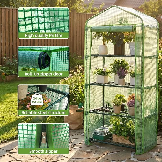 4 Tier Mini Greenhouse - Portable Indoor Outdoor Green House with 24lbs Per Shelf Durable PE Cover &amp Tool-Free Assembly for Garden Balcony Patio Backyard