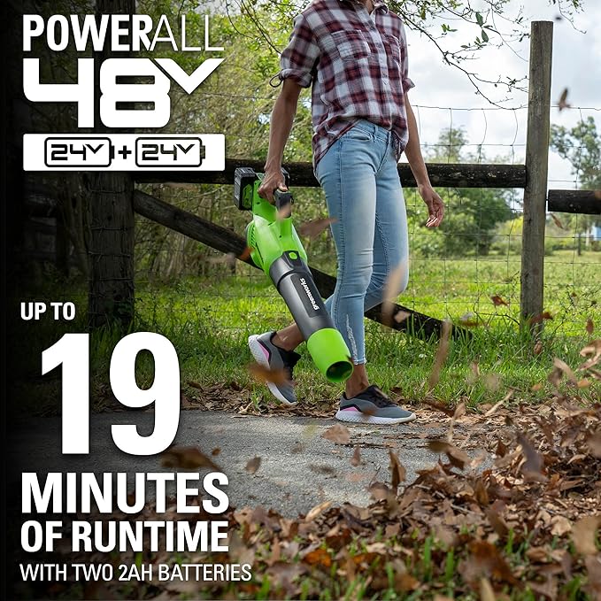 Greenworks 48V (24V x 2) Cordless Axial Leaf Blower (125 MPH / 515 CFM / 200+ Compatible Tools) (2) 2.0Ah Batteries and Dual Port Charger Included
